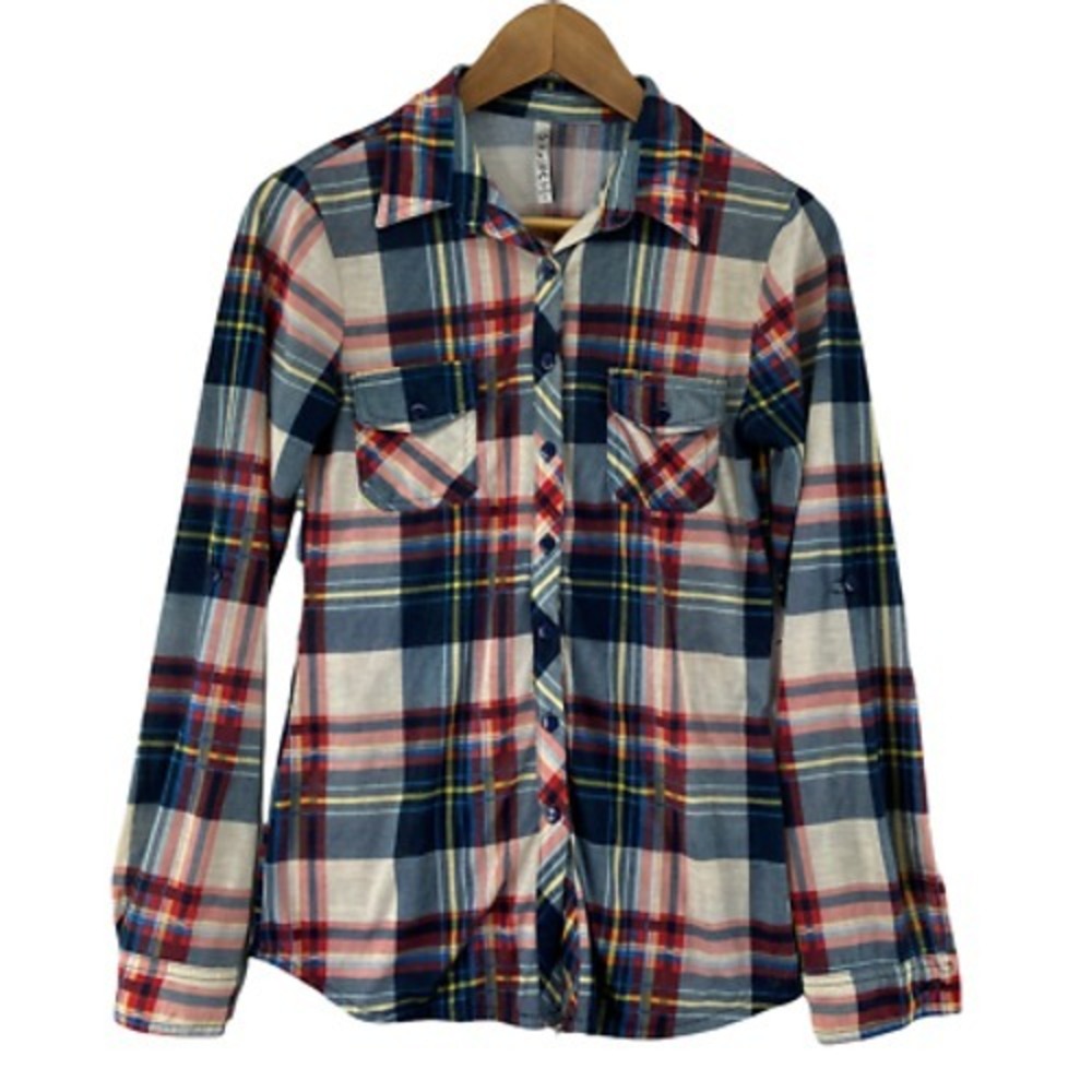 RNB Flannel Button Front Shirt Womens Small Multicolor Plaid Rayon Bonfire Fall - Picture 2 of 8